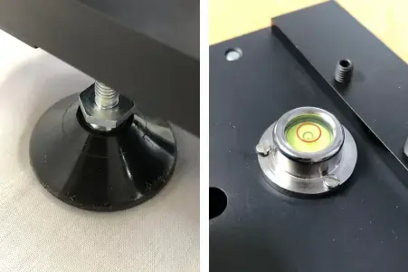 A side by side photo of a screwable levelling foot and a spirit level