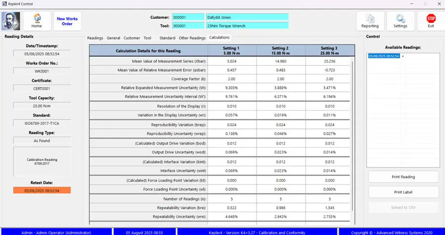 Calculations tab of a torque calibration software