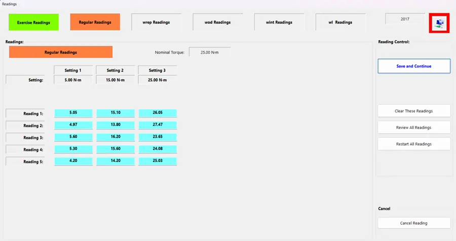 Readings screen of torque readings in a calibration software