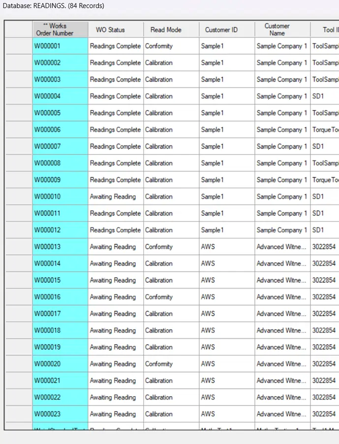 Fields in a calibration software database