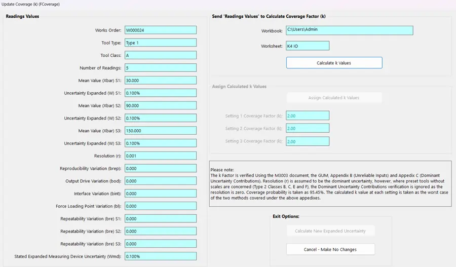 Software module for calculating the k Factor of a torque calibration
