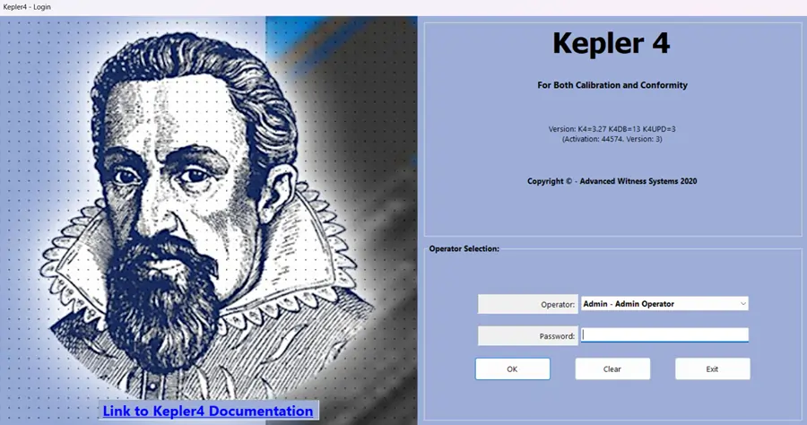 Login screen with Johannes Kepler for torque calibration software