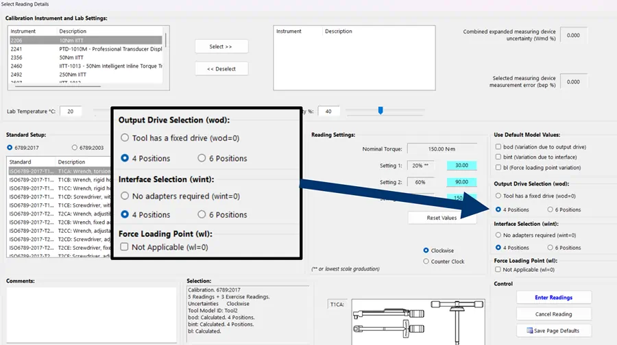 Zoom in of a calibration software settings page