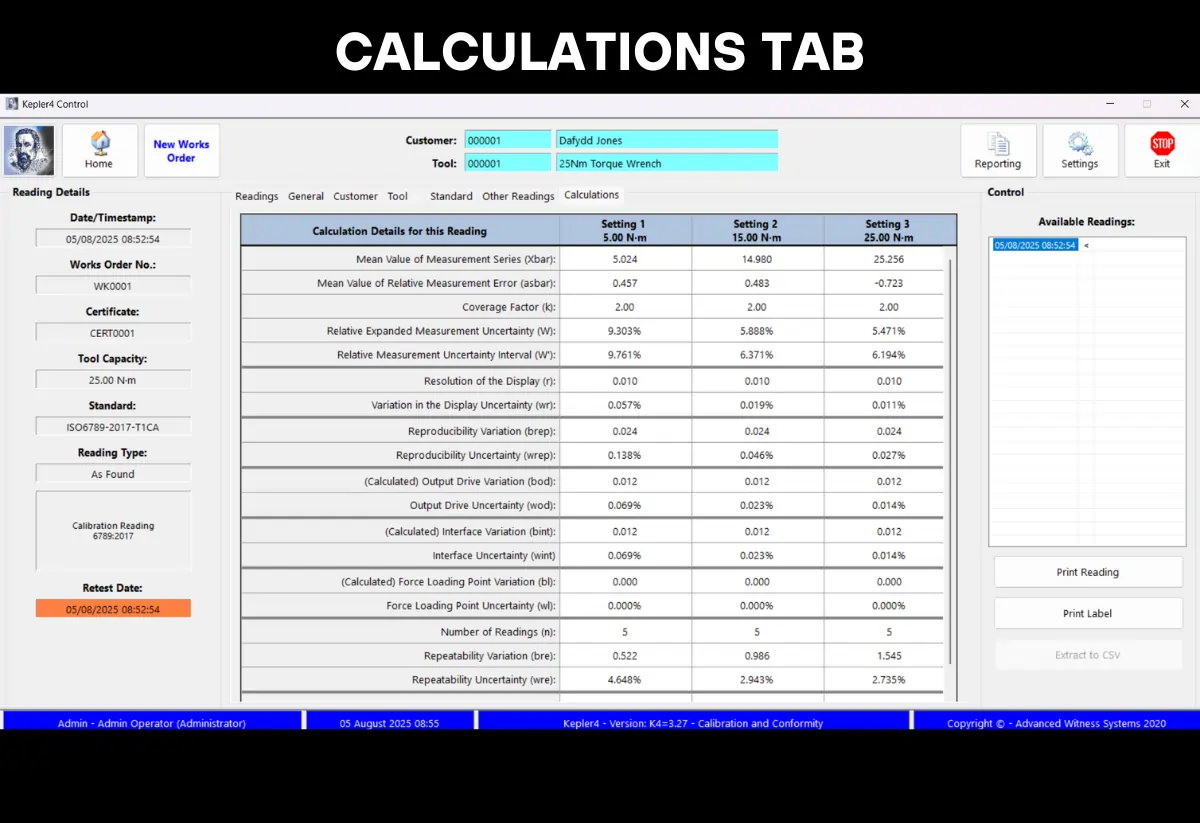 Calculations in a torque calibration software program for an ISO 6789:2017 calibration