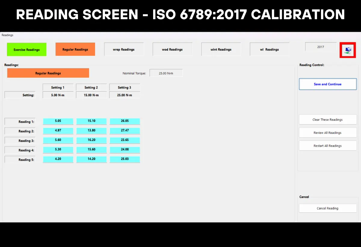 A torque calibration software readings screen