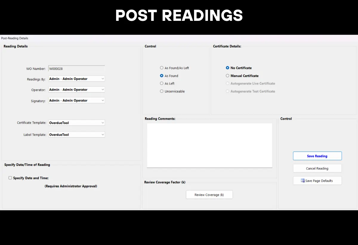 The post readings screen for a torque calibration software program