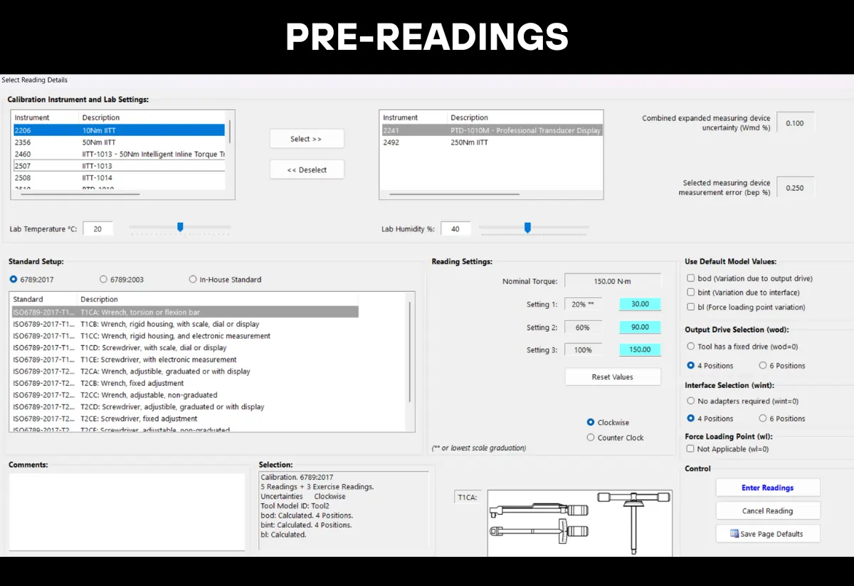 A settings page for a torque calibration software process