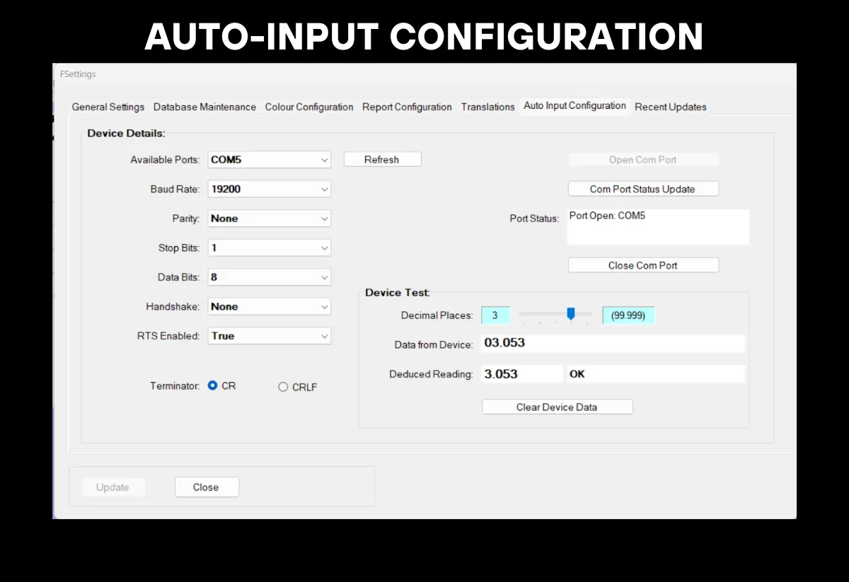 RS232 settings page
