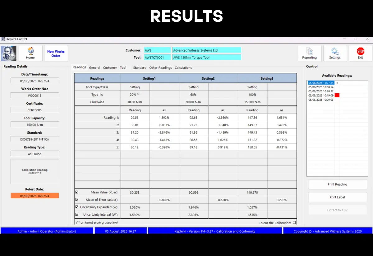 Torque tool calibration results in a torque calibration software program