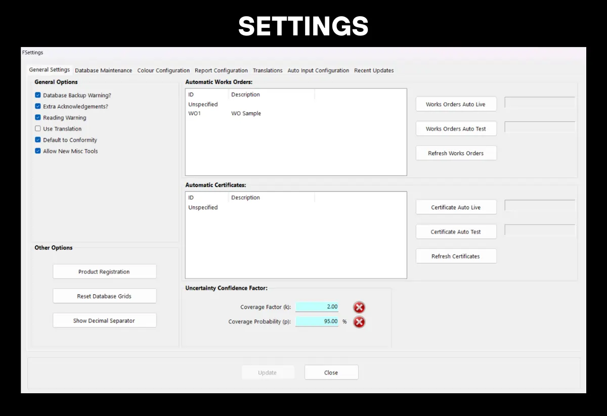 Settings page for a calibration program