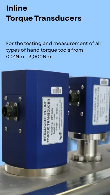 Blue torque transducer in front of a light blue background