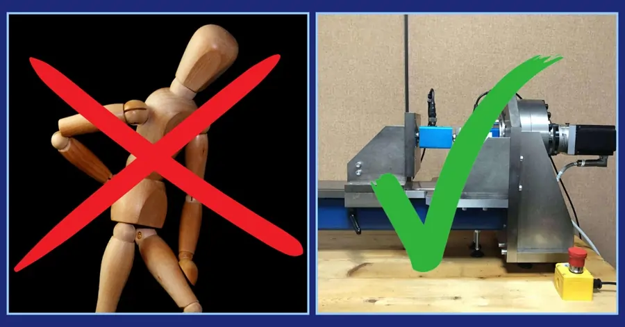 Red cross over a wooden man with backache and a green tick over a torque calibration machine