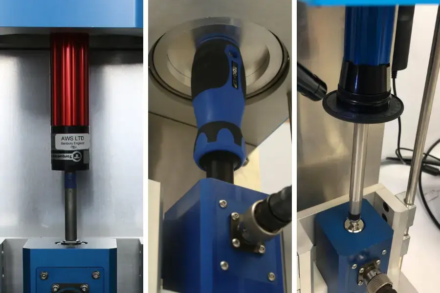 Three different torque screwdrivers being calibrated in a torque screwdriver calibration tool