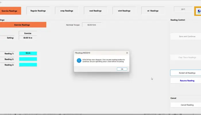 Torque calibration software with a pop up warning