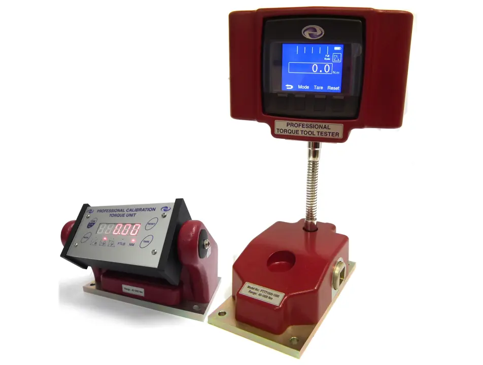 Two AWS red torque testers stood together in front of a white background