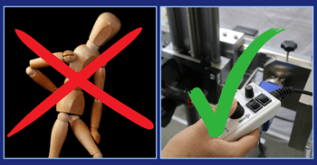 Two pictures with the left hand side being a wooden man with a red cross over it, and a machine with a green tick on the right side